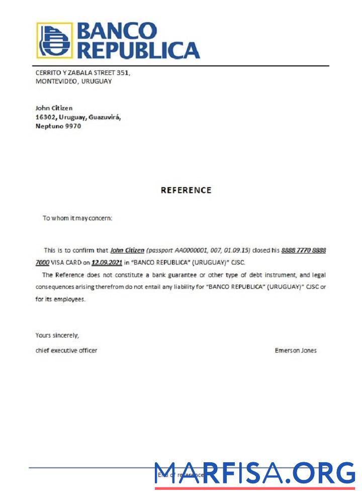 Blank Uruguay Banco República closure reference template